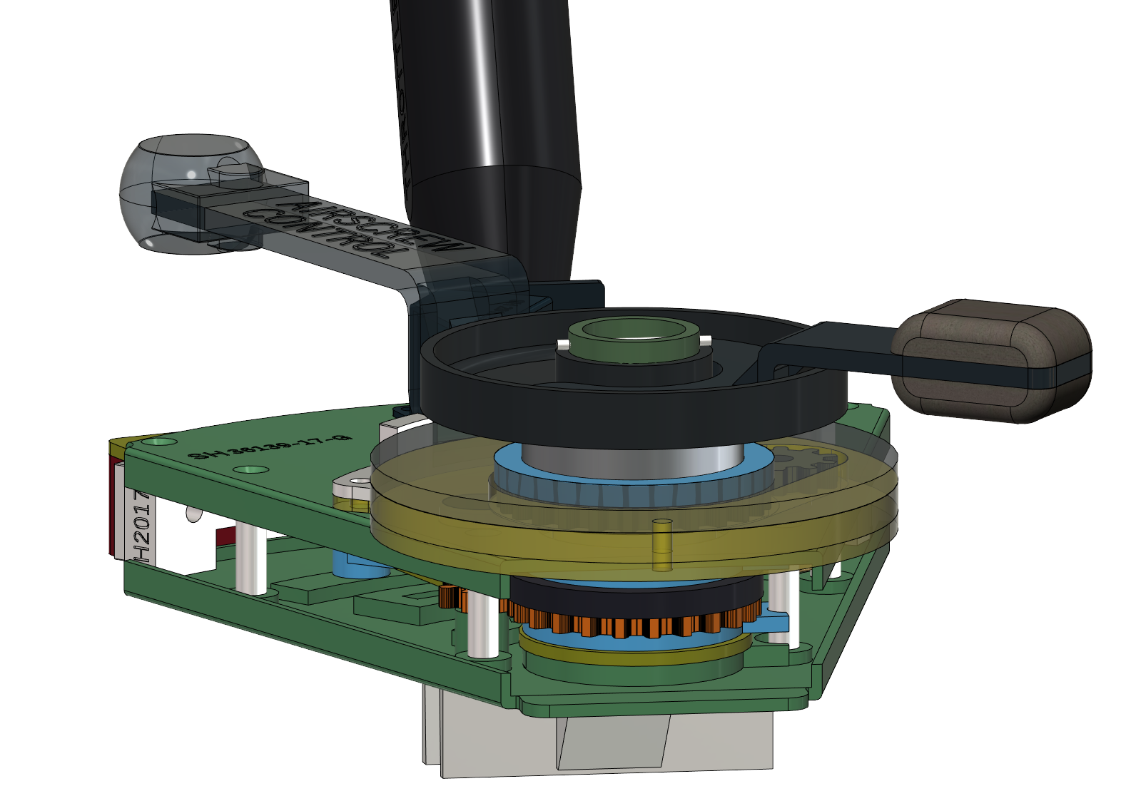 Image shows initial replica Spitfire IX throttle quadrant design with potentiometers activated by gears